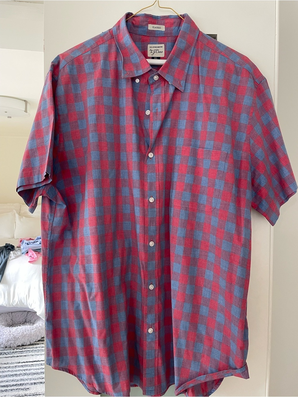J. Crew Red and Blue Short-Sleeve Check Button-Down Shirt